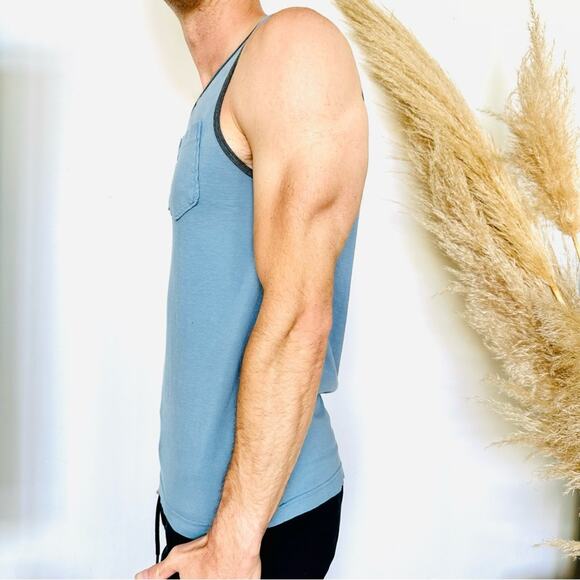 MENS SUN DIEGO Light Navy Blue Contrast Two Tone Sleeveless Tank Top Pocket S - Picture 4 of 9